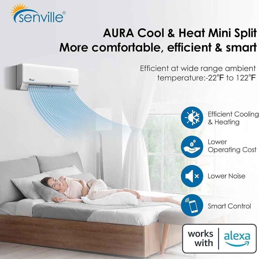 A woman sleeps comfortably under cool airflow from a wall-mounted uni ofSenville 28000 BTU Tri-Zone Mini Split Air Conditioner - Heat Pump - SENA30HFT's smart features and quiet operation