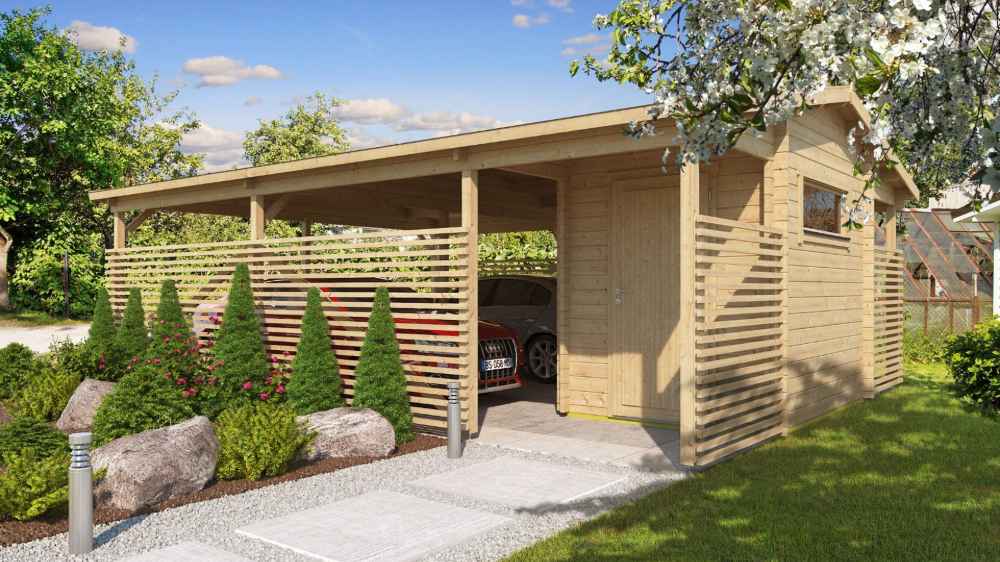 A wooden GardenHouse24 USA Carport Hugo 44 Garden Room with a cozy garden room and horizontal slat panels stands nestled in a lush garden