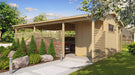 A wooden GardenHouse24 USA Carport Hugo 44 Garden Room with a cozy garden room and horizontal slat panels stands nestled in a lush garden