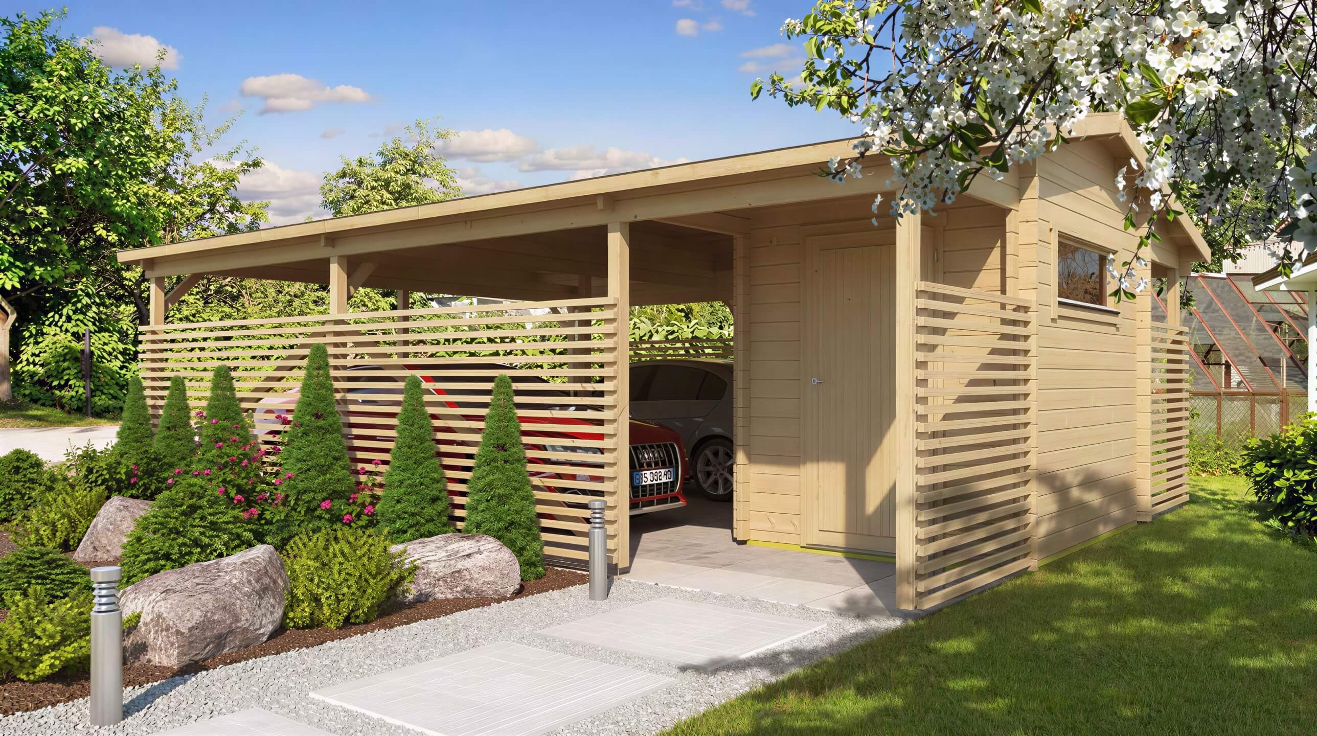 A wooden GardenHouse24 USA Carport Hugo 44 Garden Room with a cozy garden room and horizontal slat panels stands nestled in a lush garden