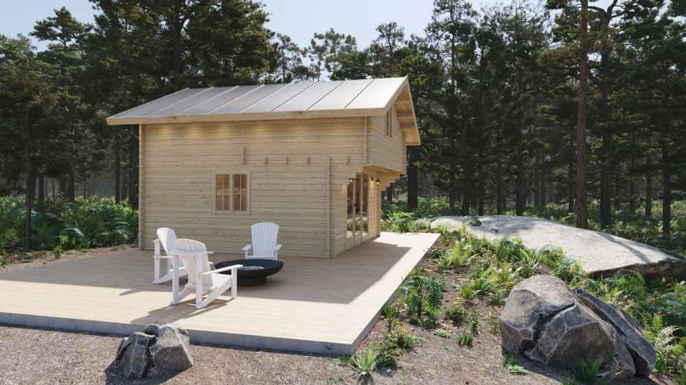 A wooden cabin with a sloped roof stands in a peaceful forest clearing, showcasing the exterior of Sawmill Structures The Northwood Grand DD 70mm Garden Room