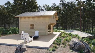 A wooden cabin with a sloped roof stands in a peaceful forest clearing, showcasing the exterior of Sawmill Structures The Northwood Grand DD 70mm Garden Room