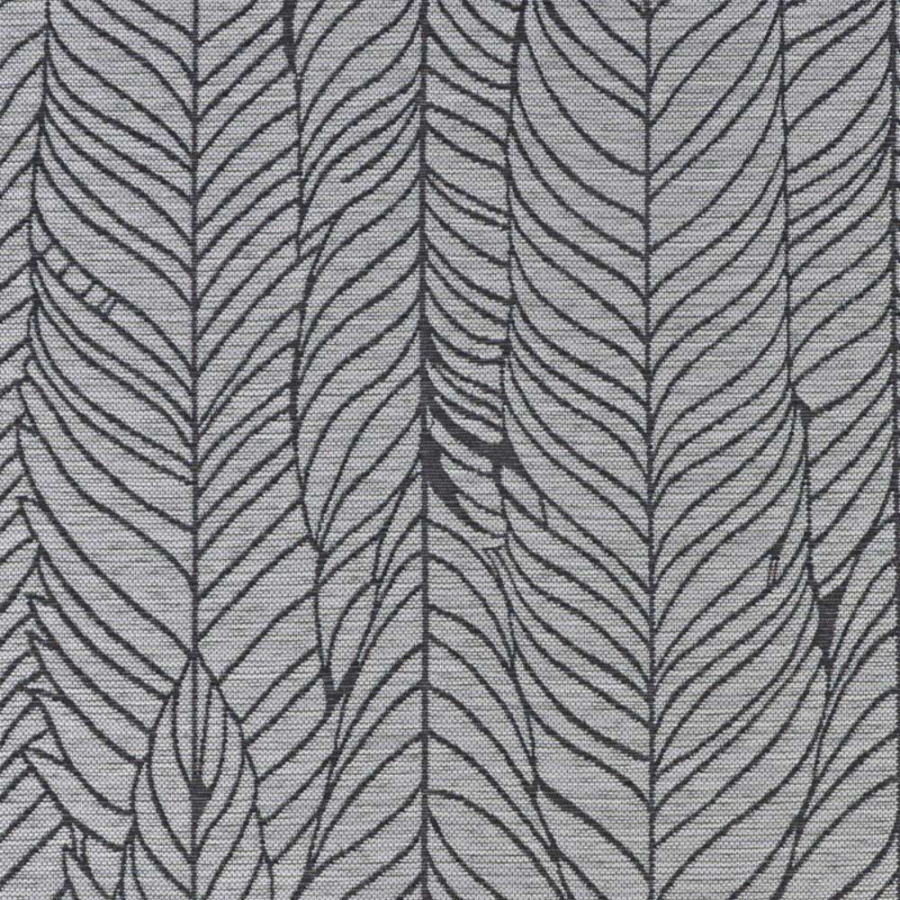 A zoomed-in image of Couristan Dolce Indoor/Outdoor Rug - Majorelle/Silver-Black highlights its fine woven detail and repeated leaf design