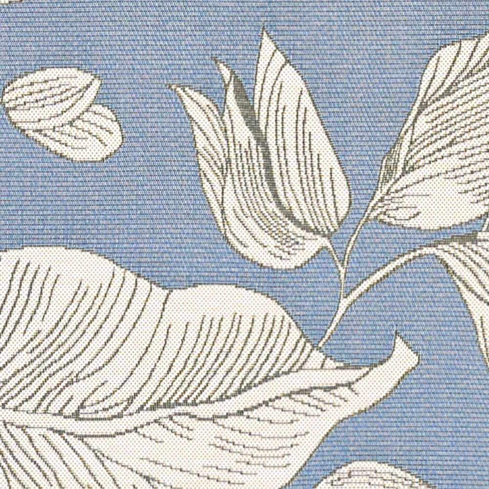 A zoomed-in section of Couristan Dolce Indoor/Outdoor Rug - Flora/Ice shows crisp outlines of cream-colored leaves on a soft icy-blue backdrop