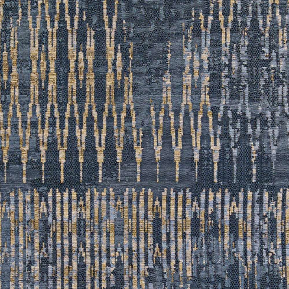A zoomed-in shot of Couristan Dolce Indoor/Outdoor Rug - Blue Nile/Indigo reveals detailed geometric and stripe patterns in shades of indigo, gold, and dark blue