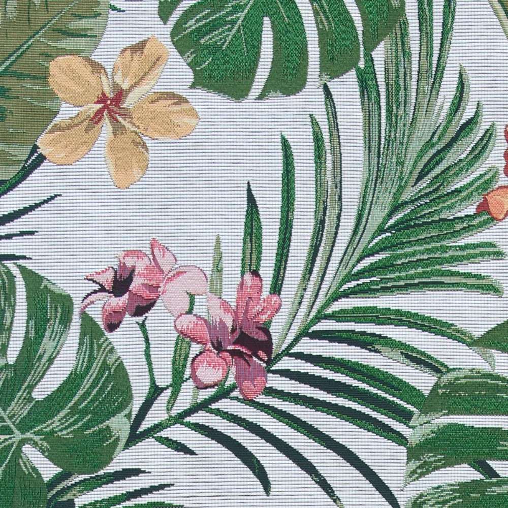 A zoomed-in view of Couristan Dolce Indoor/Outdoor Rug - Flowering Fern/Ivory-Hunter Green captures the rich textures of palm fronds and colorful blooms