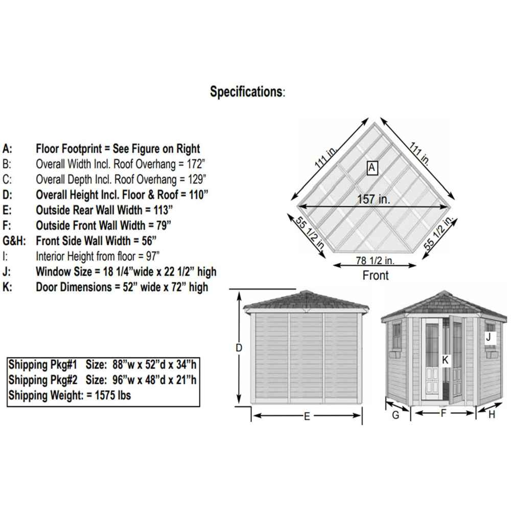 A black-and-white diagram shows detailed measurements and shipping details for the Outdoor Living Today 9×9 Penthouse Garden Shed