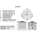 A black-and-white diagram shows detailed measurements and shipping details for the Outdoor Living Today 9×9 Penthouse Garden Shed