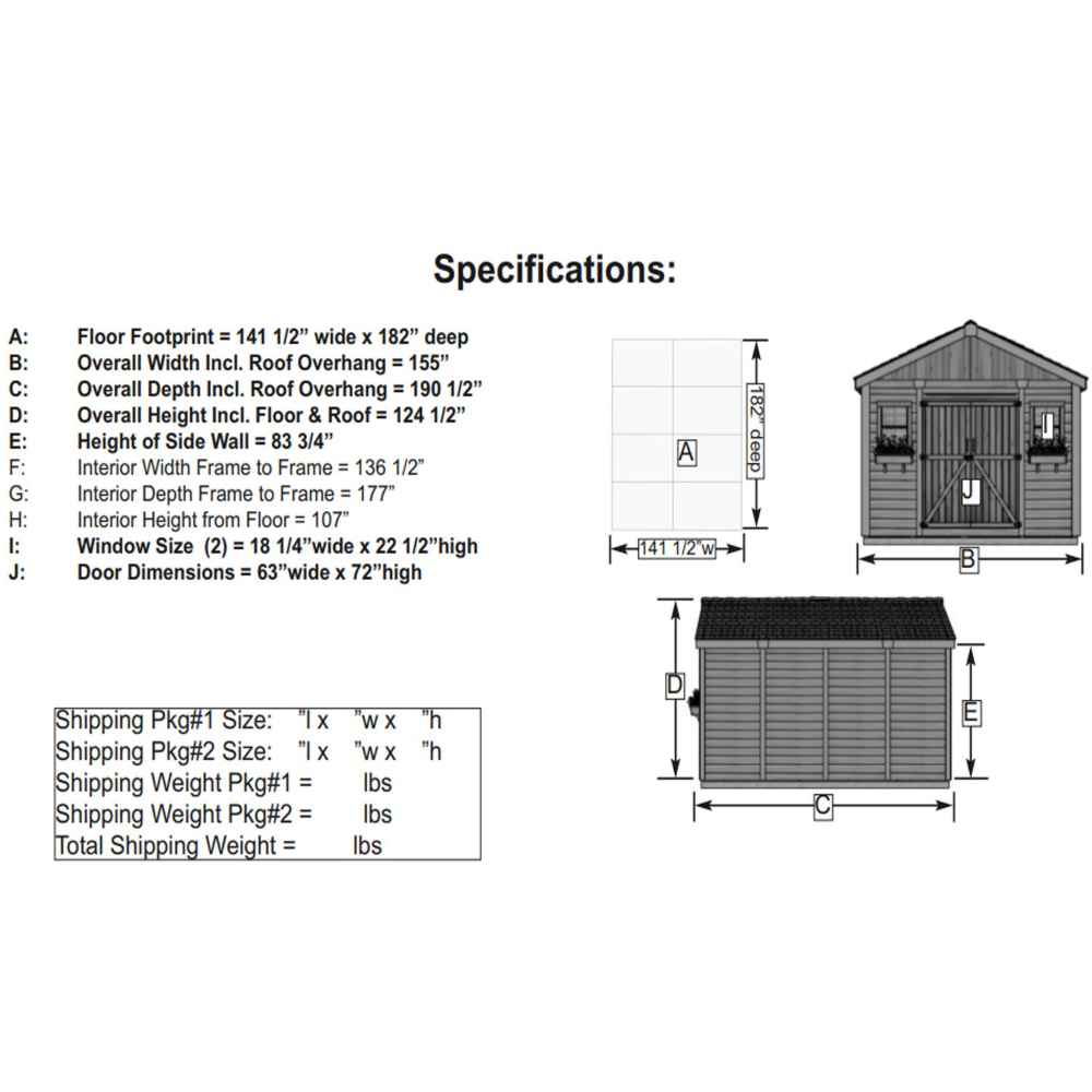 A black-and-white diagram shows the exact dimensions and measurements for the Outdoor Living Today 12×16 Double Door Space Master Storage Shed, including width, depth, and door size