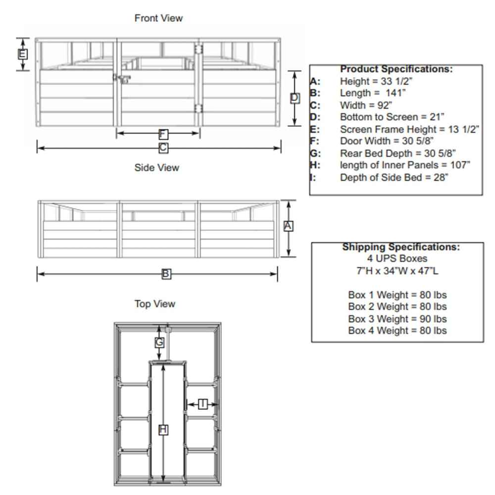 A black-and-white diagram shows the measurements and layout of the Outdoor Living Today 8×12 Raised Garden Bed from front, side, and top views
