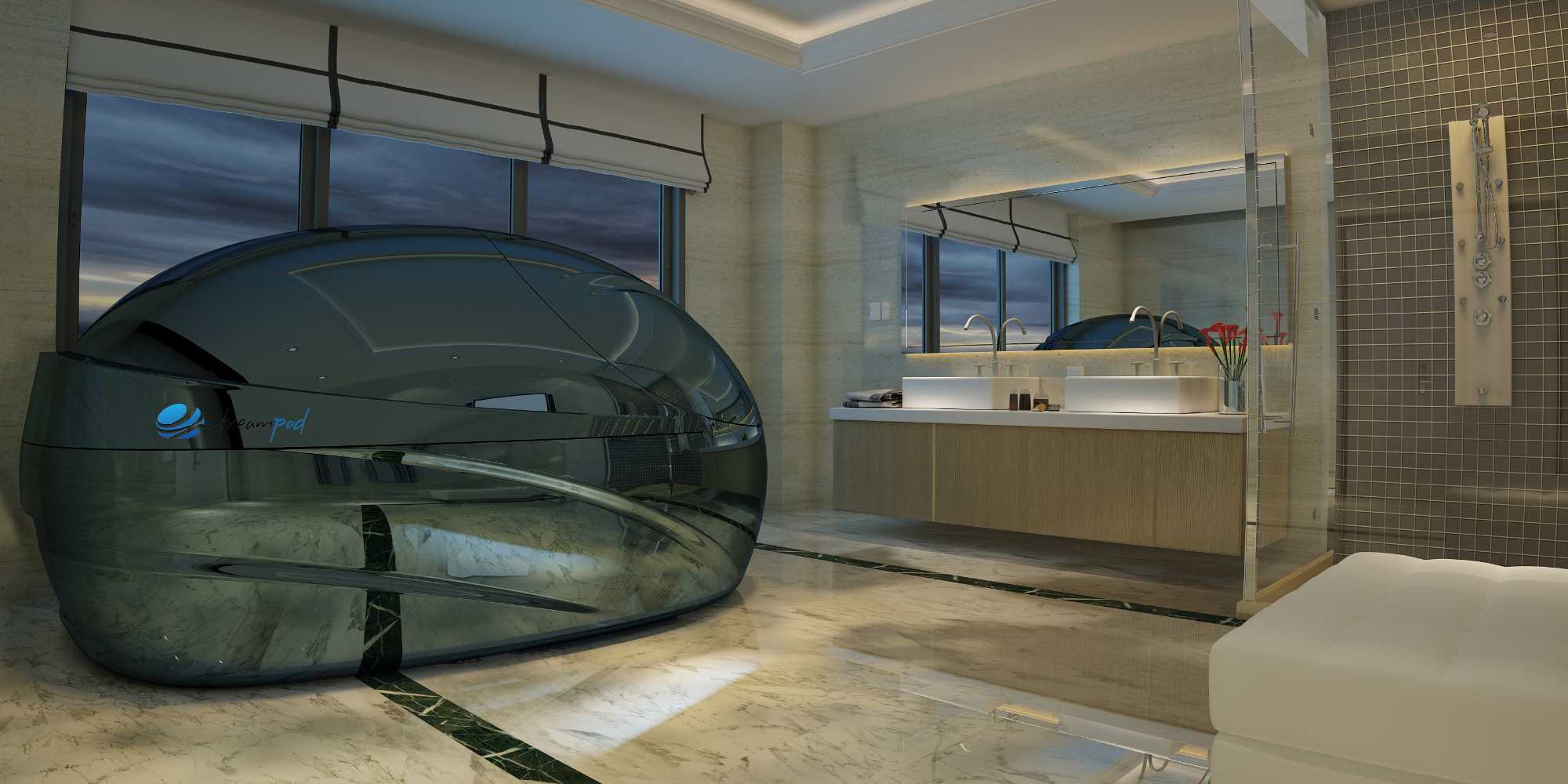 A black Dreampod Vmax Float Pod sits elegantly in a spacious, marble-tiled bathroom with a shower and large mirrors