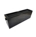 A black, sleek storage unit for the Game Theory Tables Bench For Origins Game Table, showing multiple slots for organizing table components