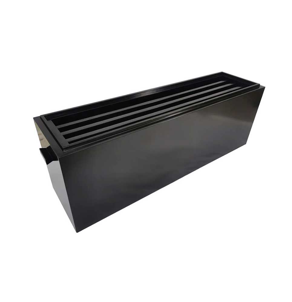 A black, sleek storage unit for the Game Theory Tables Bench For Origins Game Table, showing multiple slots for organizing table components