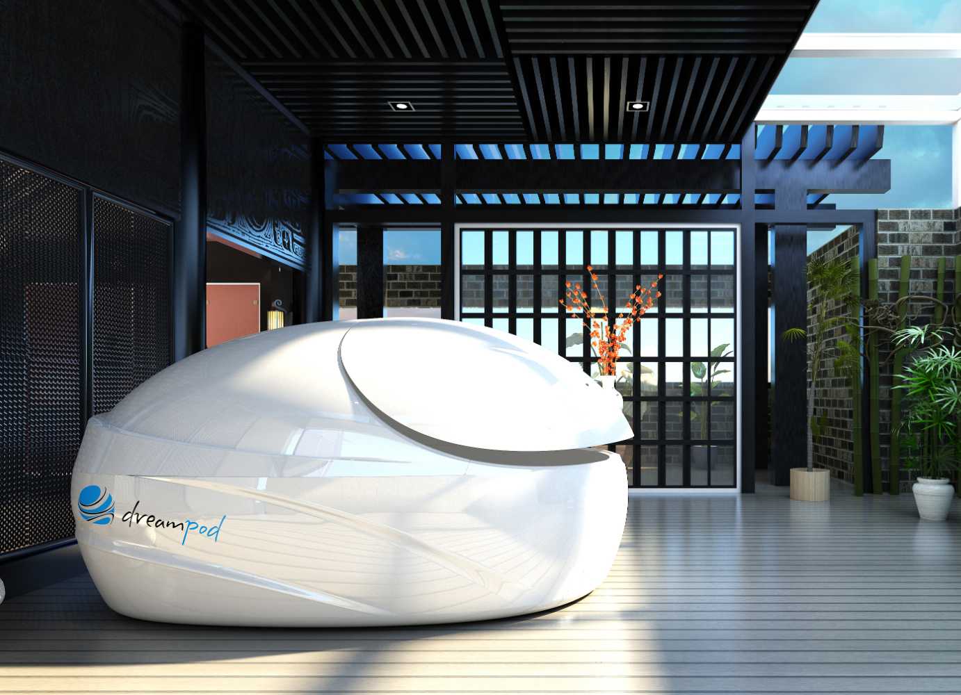 A bright white Dreampod Vmax Float Pod is displayed in an airy, open room with sunlight streaming through a garden-inspired backdrop