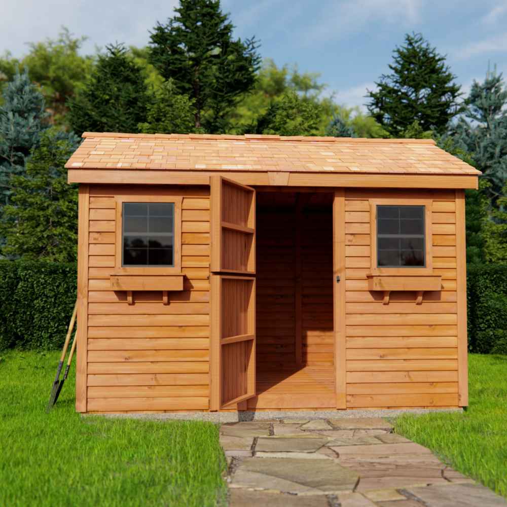 A cedar-toned Outdoor Living Today Large 12×8 Cabana Garden Shed is pictured on a grassy lawn with one door wide open, cedar roof, and a stone path leading up to it