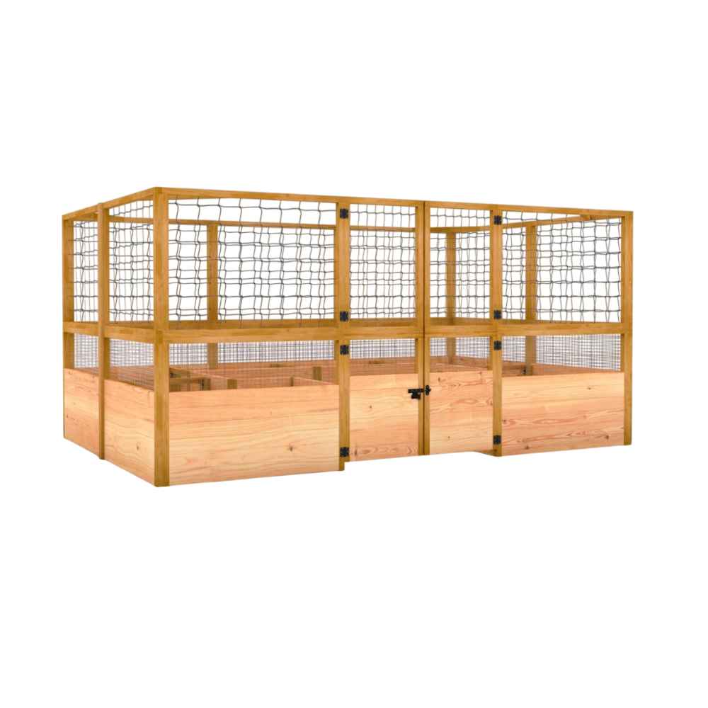 A clean product rendering of the Outdoor Living Today 12×8 Raised Garden Bed highlights its tall mesh fencing and secure gated entry