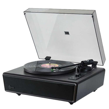 A close-up of Arkrocket Huygens Bluetooth Turntable with Built-in Speakers (Black) playing a vinyl record with the tonearm positioned over the record