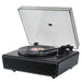 A close-up of Arkrocket Huygens Bluetooth Turntable with Built-in Speakers (Black) playing a vinyl record with the tonearm positioned over the record