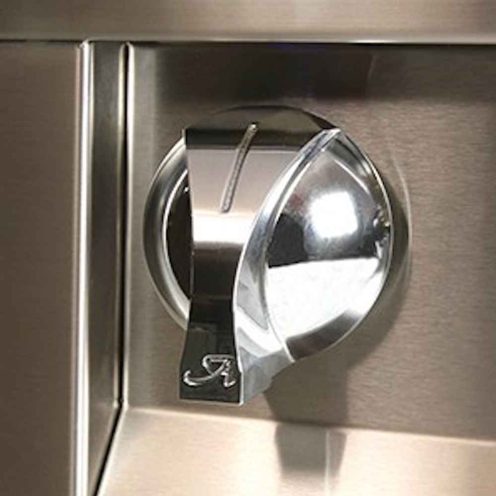 A close-up of a polished stainless steel control knob on the Alfresco Grills American Eagle 32” Built-In Grill, 3 Burner