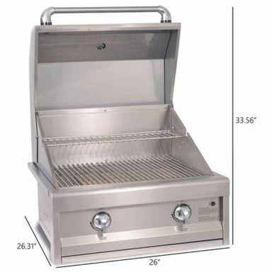 A close-up of the Alfresco Grills American Eagle 26” Cart Grill, 2 Burner, highlighting its stainless-steel construction, two control knobs, and spacious cooking area