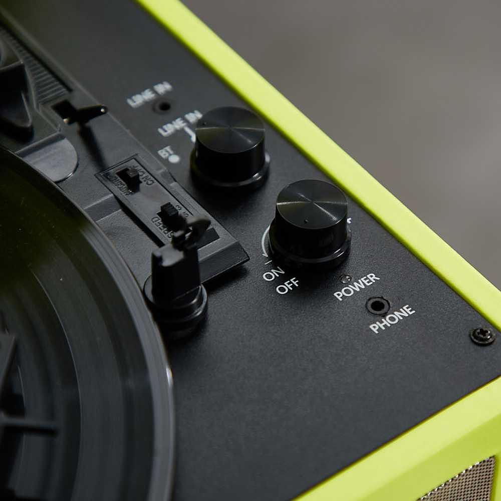 A close-up of the Arkrocket Curiosity Suitcase Bluetooth Turntable (Neon Yellow) shows the control knobs and switches for power, volume, and Bluetooth connectivity