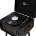 A close-up of the Arkrocket Retro Turntable Wireless Record Player With Legs (Black) shows the turntable playing a record with the lid open