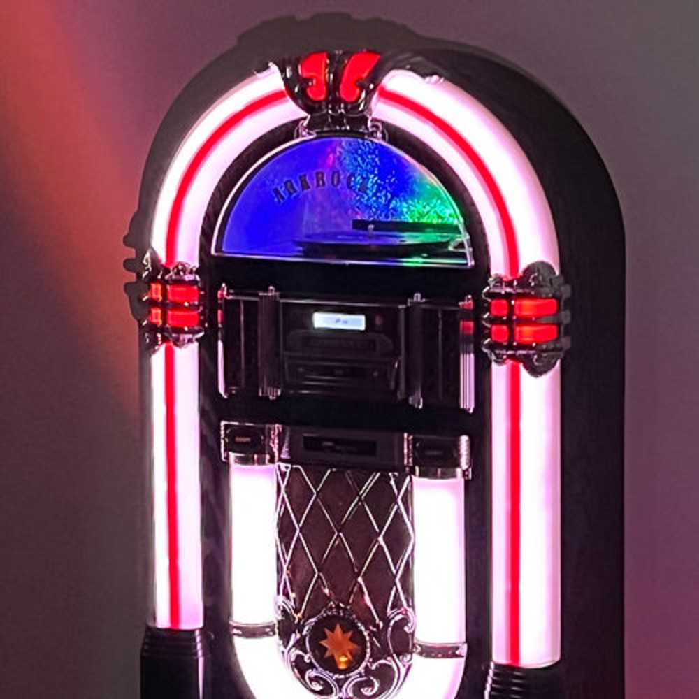 A close-up of the Arkrocket Taurus II Jukebox - Maple 2024 New Upgrade focuses on its illuminated neon trim