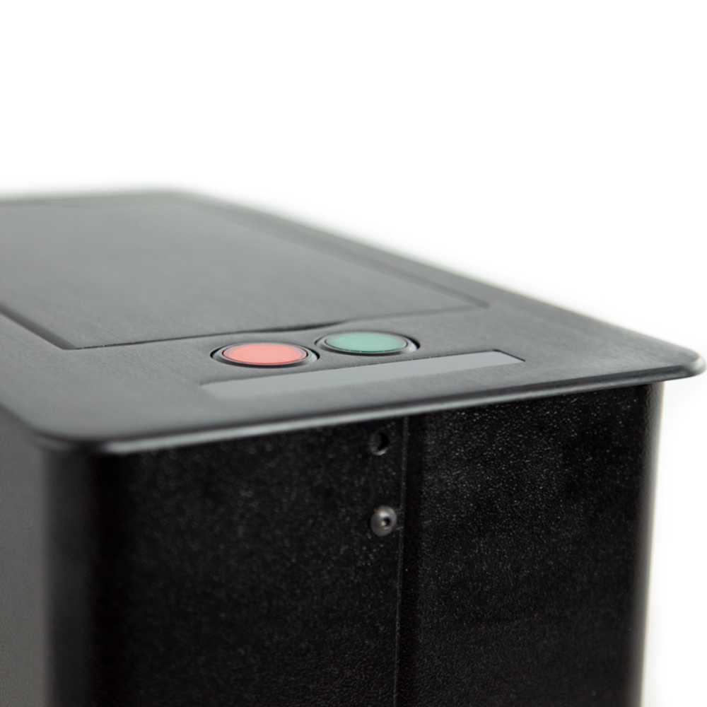 A close-up of the BBO Poker Tables Deckmate Shuffler’s control panel, highlighting the green and red buttons for easy operation