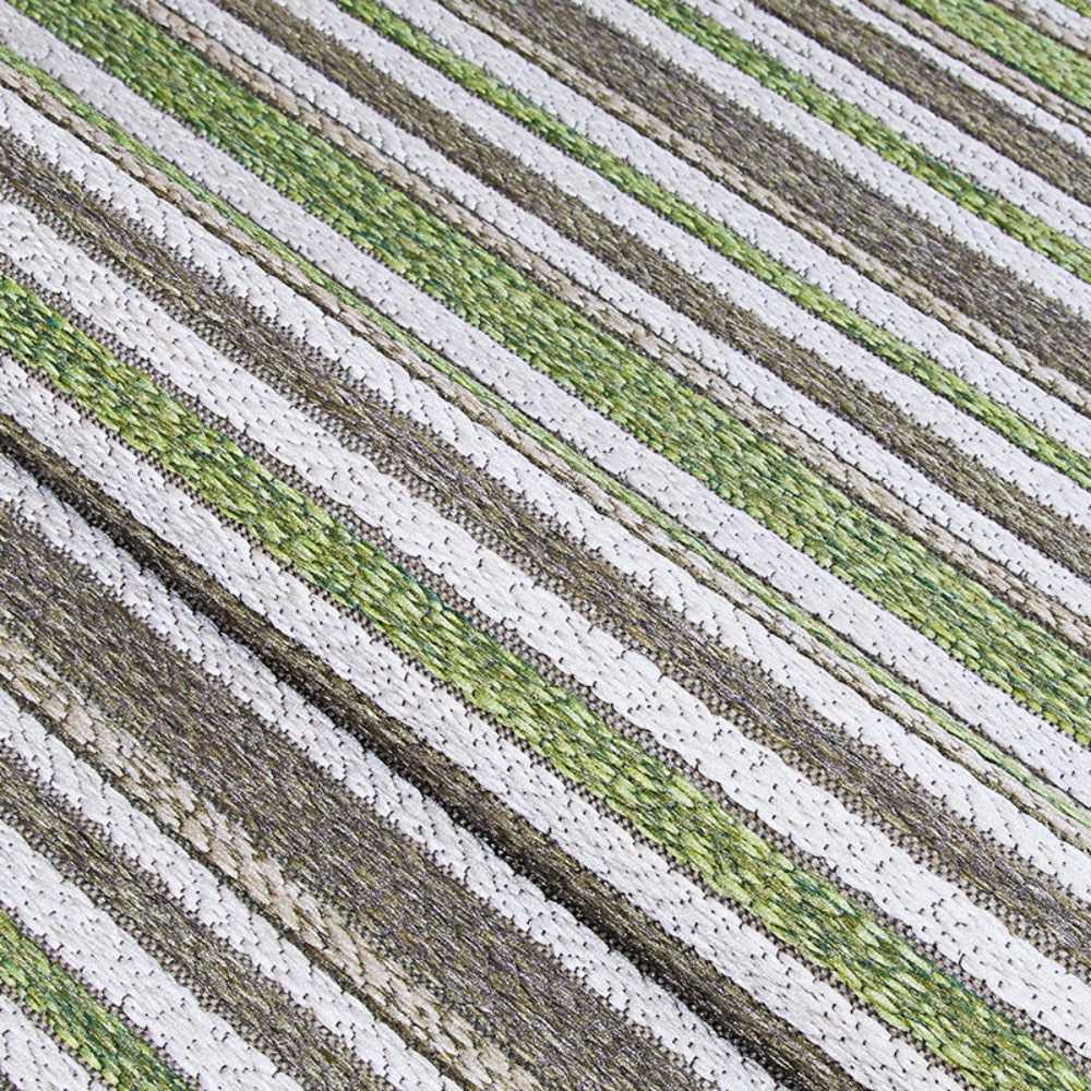 A close-up of the Couristan Cape Indoor/Outdoor Rug - Brockton/Hunter Green-Brown reveals textured stripes in green, brown, and ivory
