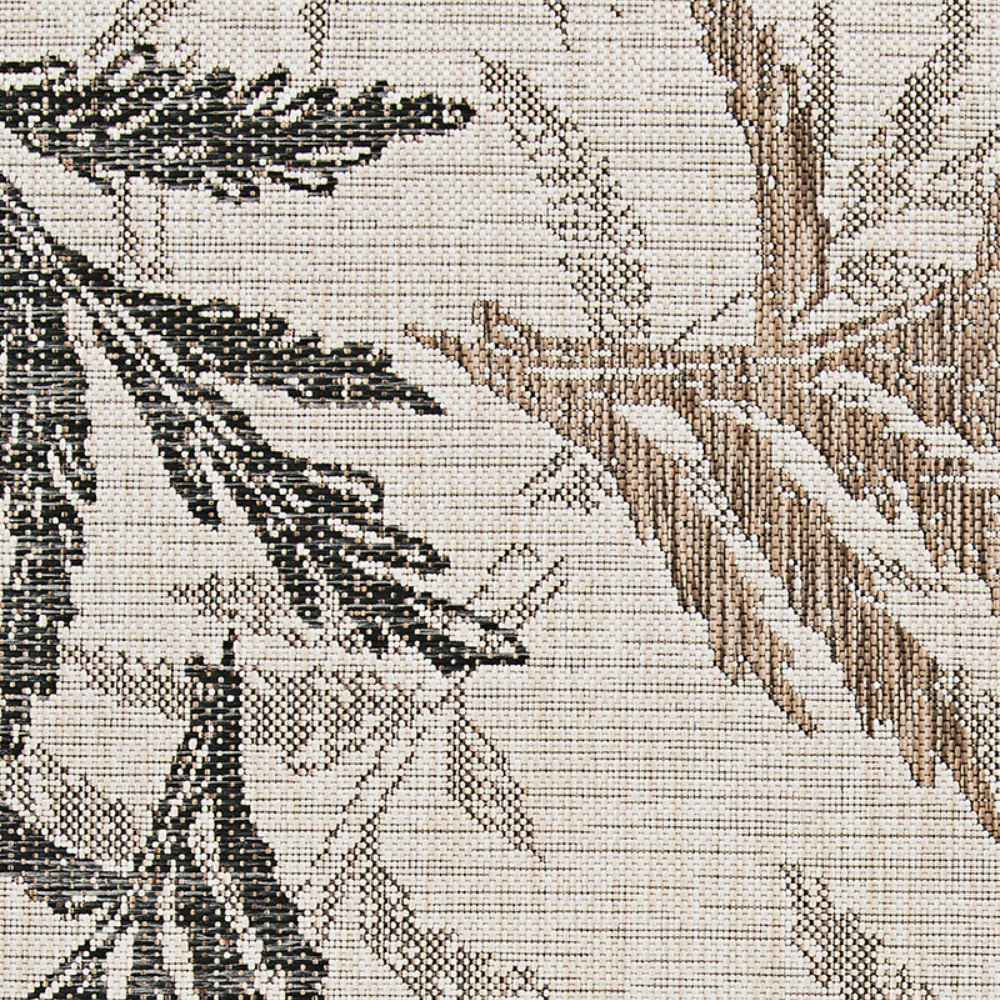 A close-up of the Couristan Charm Indoor/Outdoor Rug - Kimberly/Naturals reveals its earthy, multicolored leaf pattern in black, bark, and taupe tones