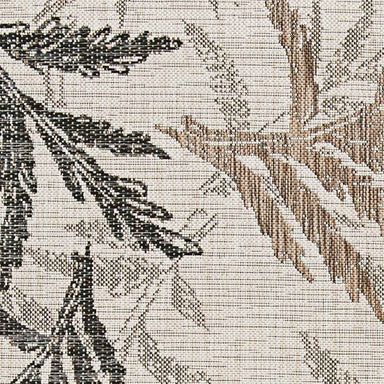 A close-up of the Couristan Charm Indoor/Outdoor Rug - Kimberly/Naturals reveals its earthy, multicolored leaf pattern in black, bark, and taupe tones