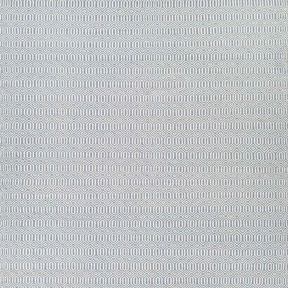 A close-up of the Couristan Cottages Indoor/Outdoor Rug - Southport/Blue, featuring a tightly woven hexagonal pattern in soft blue and ivory colors