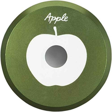 A close-up of the Crosley The BEATLES 45 Adapter - Apple, a green circular adapter with a white apple logo and the word Apple engraved at the top