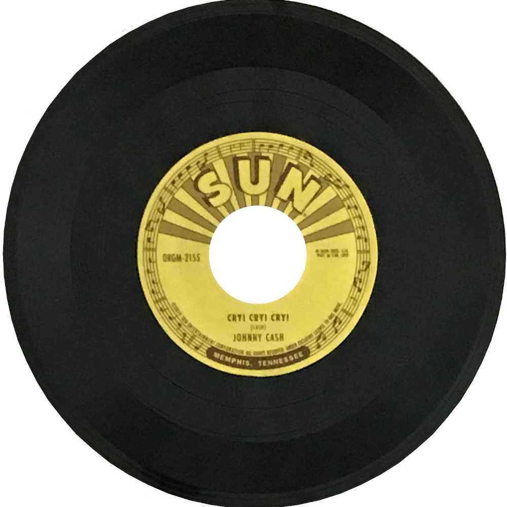 A close-up of the Johnny Cash single that comes with the Crosley RSD3 Mini Turntable for 3 Inch Vinyl Records w Johnny Cash Single, featuring the Sun Records label