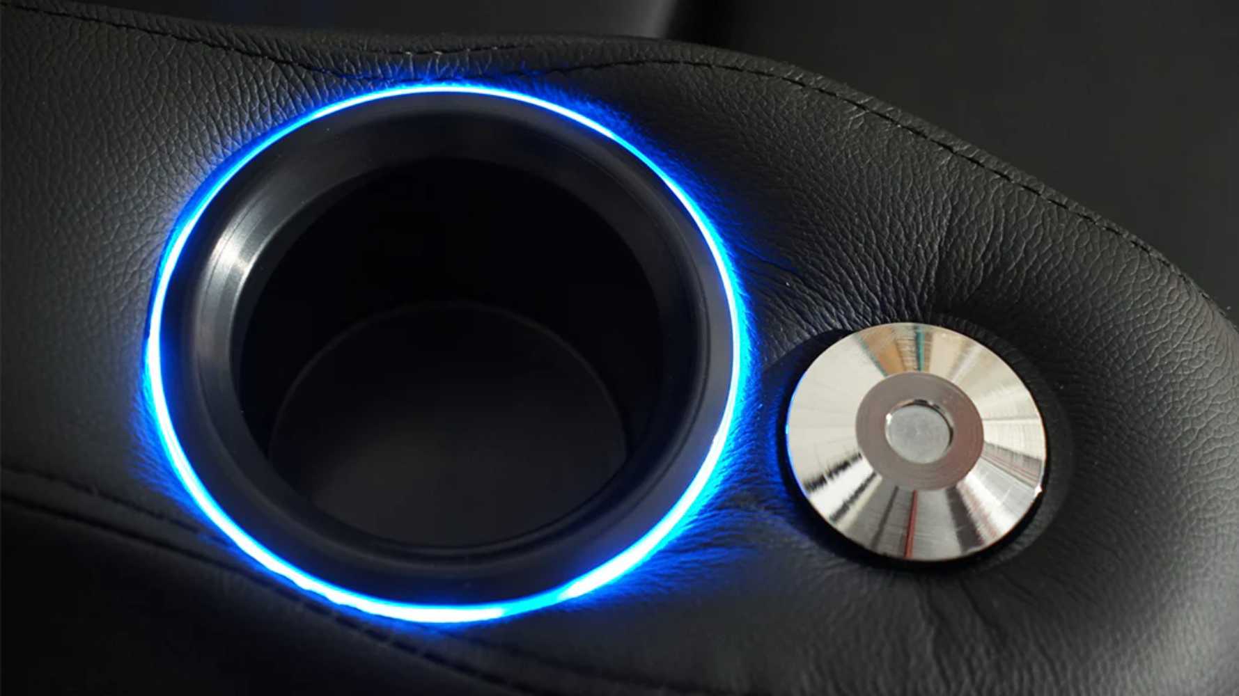 A close-up of the LED cupholder on the Valencia Syracuse Single Home Theater Seating