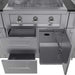 A close-up of the Sunstone Caprice 6ft 4in Outdoor Grill & Bar Sink Outdoor Island Package reveals open drawers and cabinet doors under the main grill for accessible storage
