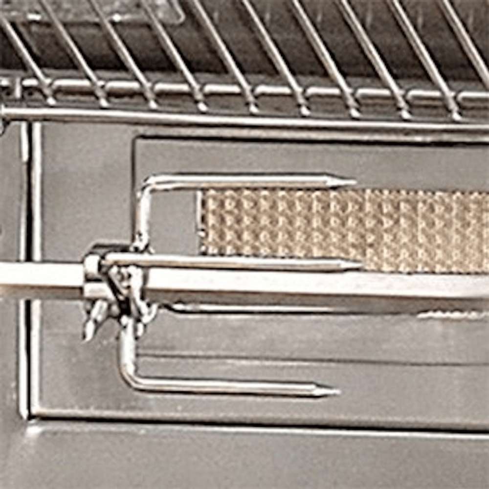 A close-up of the built-in rotisserie system with a sturdy rod and forks inside the Alfresco Grills 30″ Luxury Grill Built-In