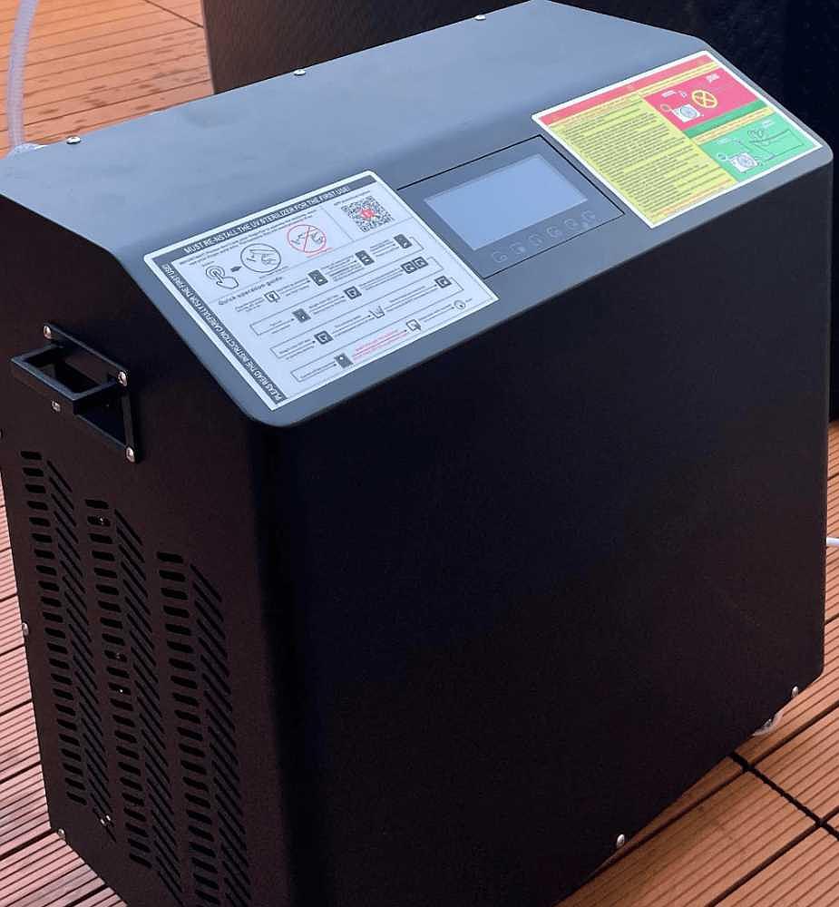 A close-up of the chiller unit for the Dreampod Ice Bath FLEX With Chiller, showing detailed instructions and controls on the top panel