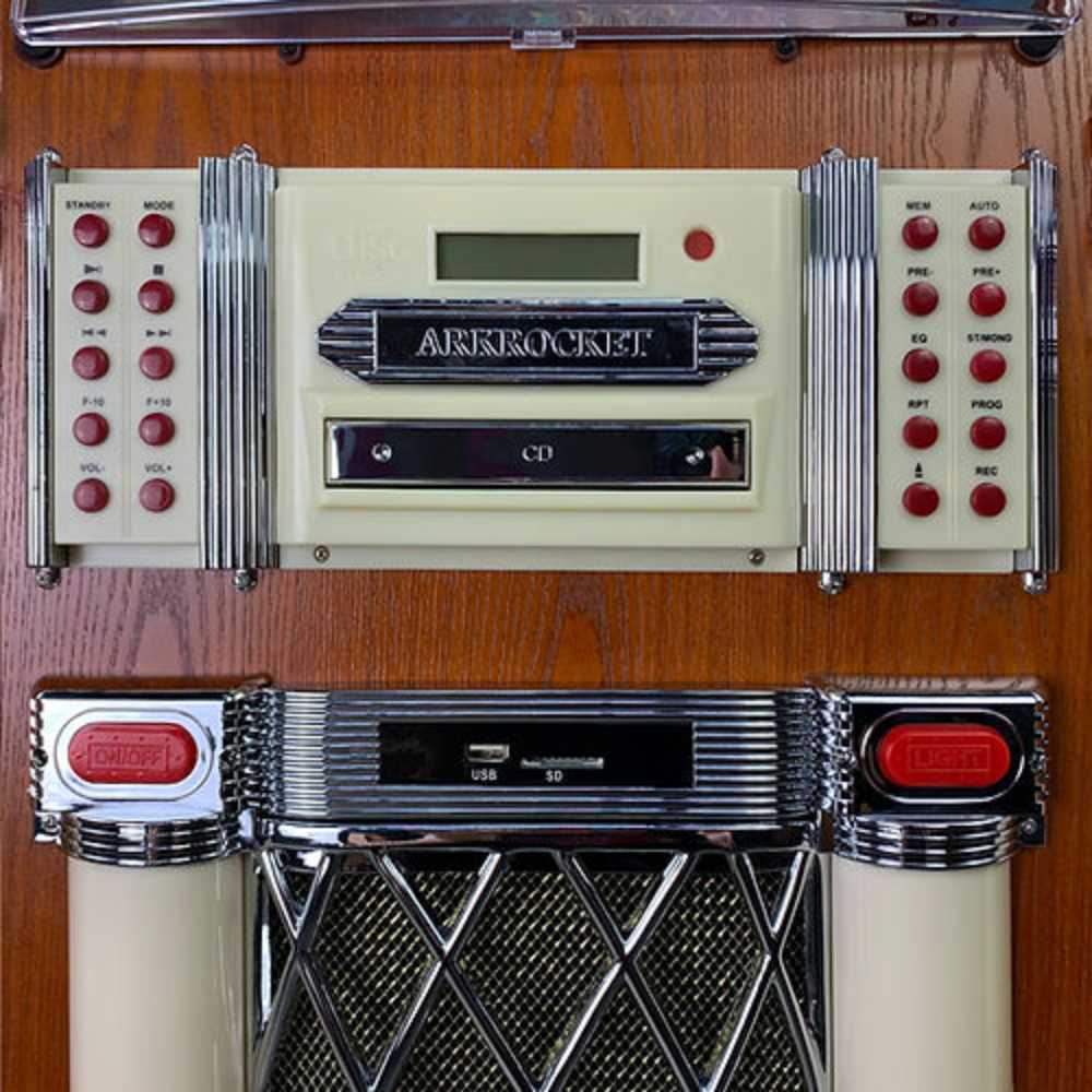 A close-up of the control panel of the Arkrocket Taurus Jukebox - Classic 2024 New Upgrade reveals its detailed buttons and CD player