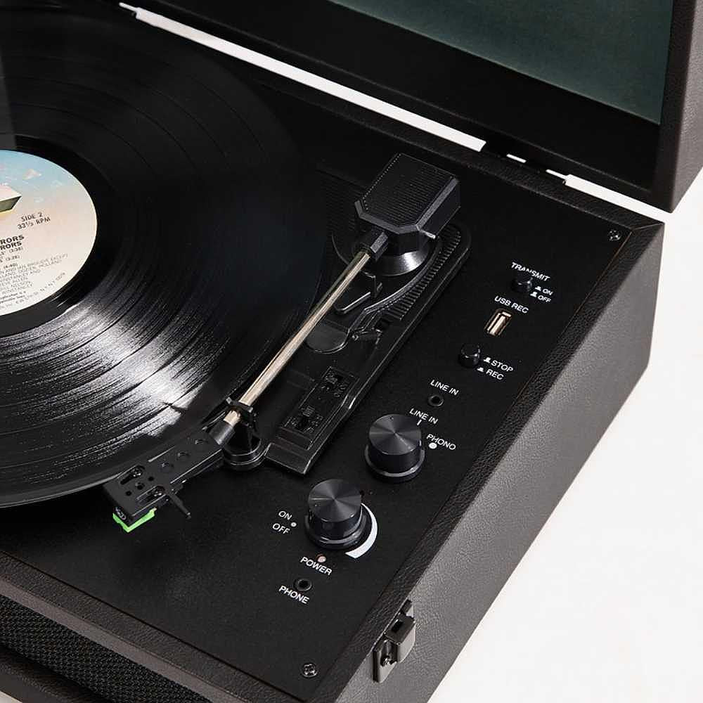 A close-up of the control panel on Arkrocket Coryphaeus Bluetooth Record Player with Record Storage Case (BlackGreen) with tonearm, volume knobs, and line-in and USB recording options