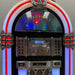 A close-up of the front panel of the Arkrocket Taurus II Jukebox - Black 2024 New Upgrade displaying its chrome control buttons and illuminated brand name