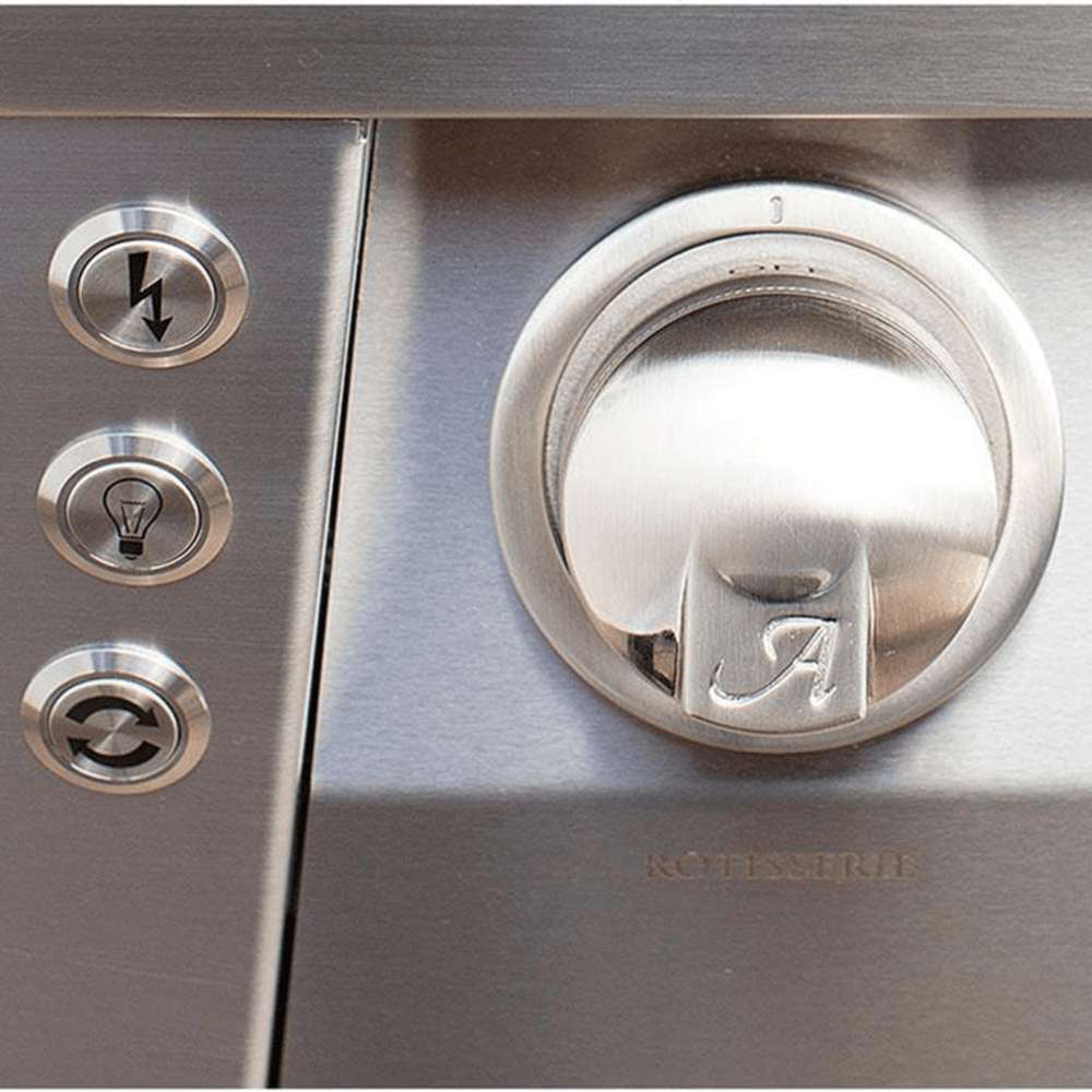 A close-up of the rotisserie control knob and function buttons on the Alfresco Grills 42″ Luxury Grill Standard Cart Model