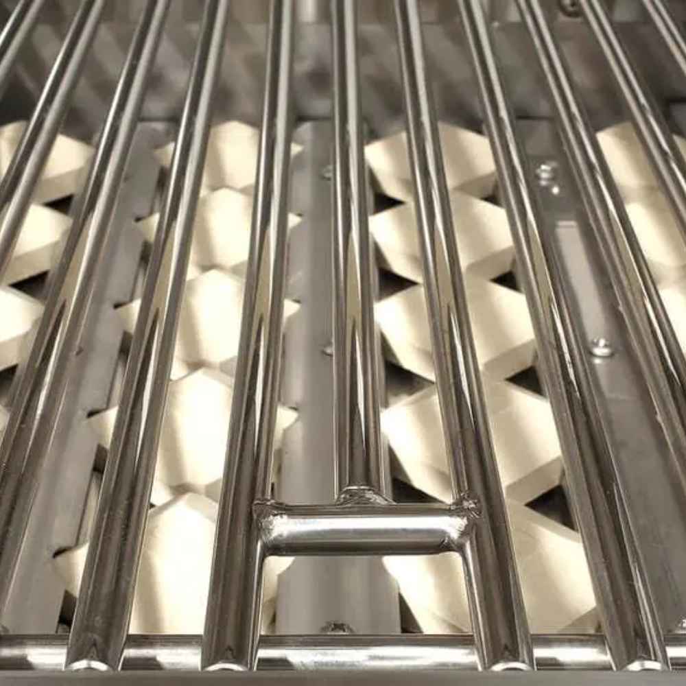 A close-up of the stainless steel cooking grates on the Alfresco Grills Artisan Professional 32” Cart Grill, 3 Burner