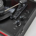 A close-up of the turntable arm and control knobs on the Arkrocket x Elvis Bluetooth Portable Record Player - Elvis Presley '68 is shown