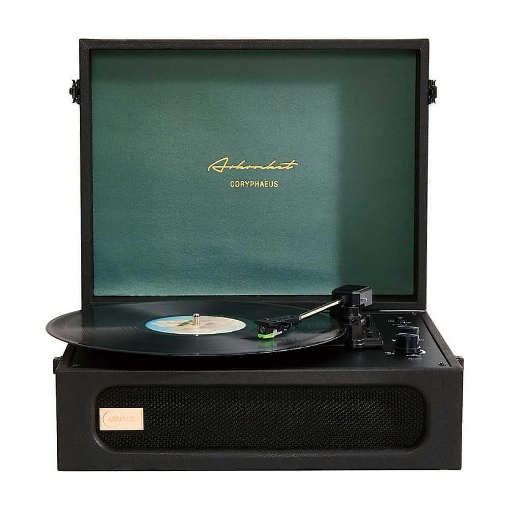 A close-up shot shows the Arkrocket Coryphaeus Bluetooth Record Player with Record Storage Case (BlackGreen) open