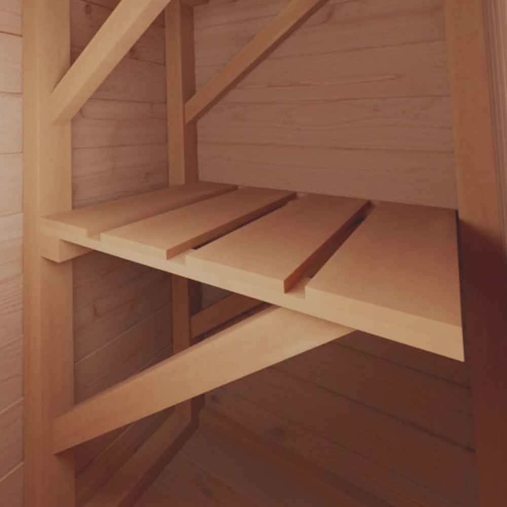A close-up shows wooden interior shelves inside the Outdoor Living Today Large 12×8 Cabana Garden Shed with natural wood beams and slats