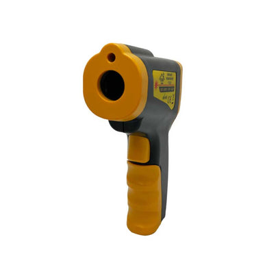 A close-up view of the Chicago Brick Oven Infrared Thermometer Gun, focusing on its yellow and black body with the sensor facing forward