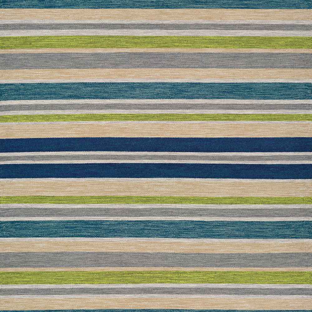 A close-up view of the Couristan Cottages Indoor/Outdoor Rug - Alki/Ocean Shapes shows its textured surface with horizontal stripes in ocean blues, greens, sand, and greys