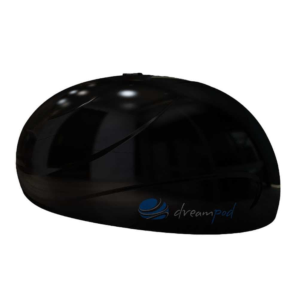 A close-up view of the Dreampod V2 Float Pod with its smooth, glossy black surface