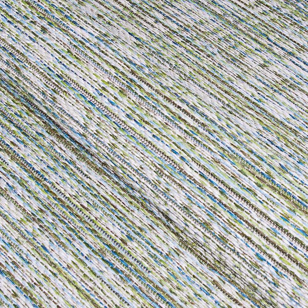 A close-up view shows the intricate woven texture and streaked pattern of the Couristan Cape Indoor/Outdoor Rug - Falmouth/Ivory-Hunter in green, ivory, and blue tones